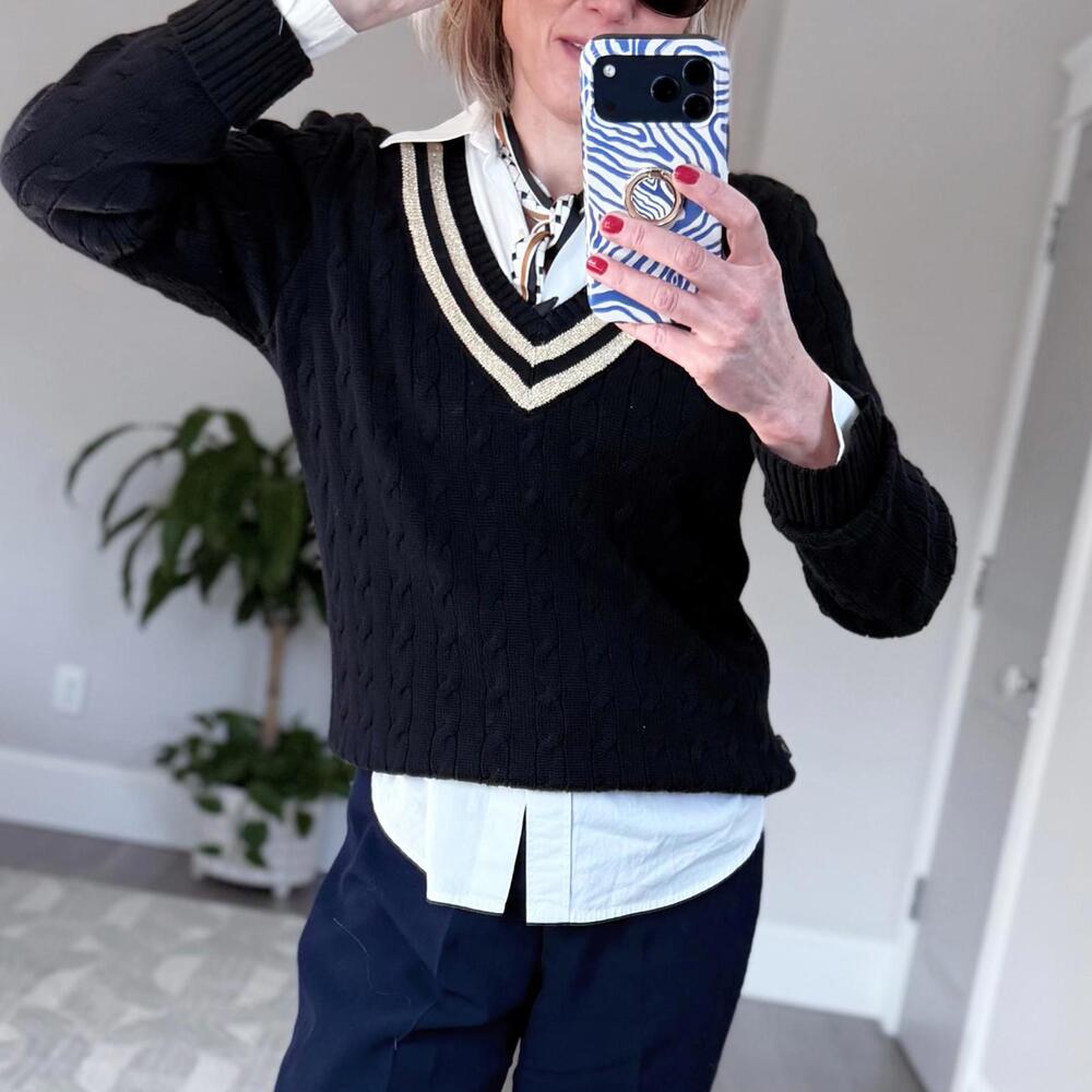 Ralph Lauren Black Cable Knit V-Neck Sweater Size L